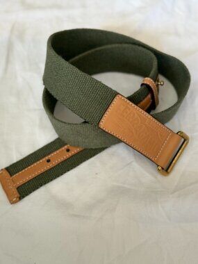 Salvatore Ferragamo Olive Green Canvas & Tan Leather Belt Gold Buckle Italy
